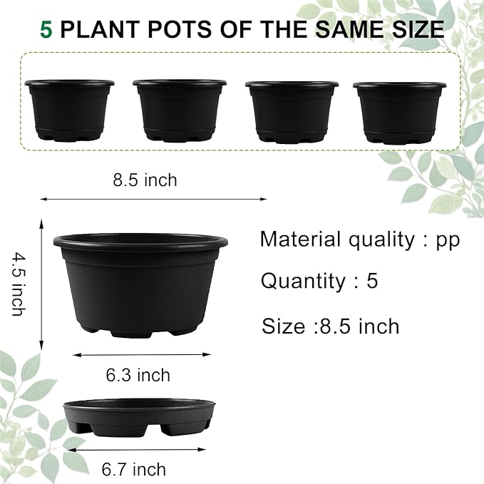 KPUVX 5 Pack 8.5 inch Plant Pot,Outdoor Flower Pots,Plastic pots for Plants Indoor with Drainage Holes and Trays, Decorative Garden Containers Sets for Houseplants