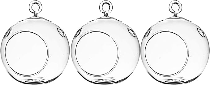 WGV Hanging Terrarium Globe, Width 3", Height 4", DIY Air Succulent Planter, Clear Glass Vase Orb with Flat Bottom, Candle Holder for Windowsill Outdoor Garden Decor, 3 Pieces Bulk