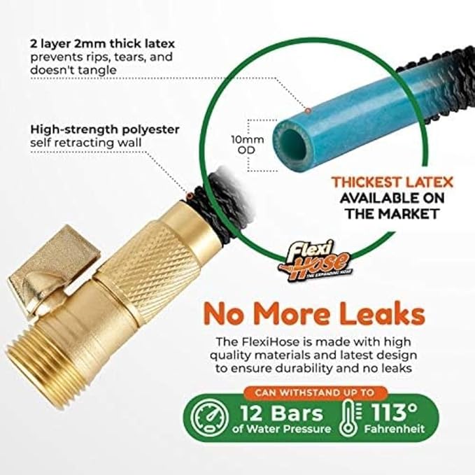 Flexi Hose Lightweight Expandable Garden Hose, 150FT -Retractable Garden Hose, Water Hose - No-Kink Flexibility, 3/4 Inch Solid Brass Fittings and Double Latex Core