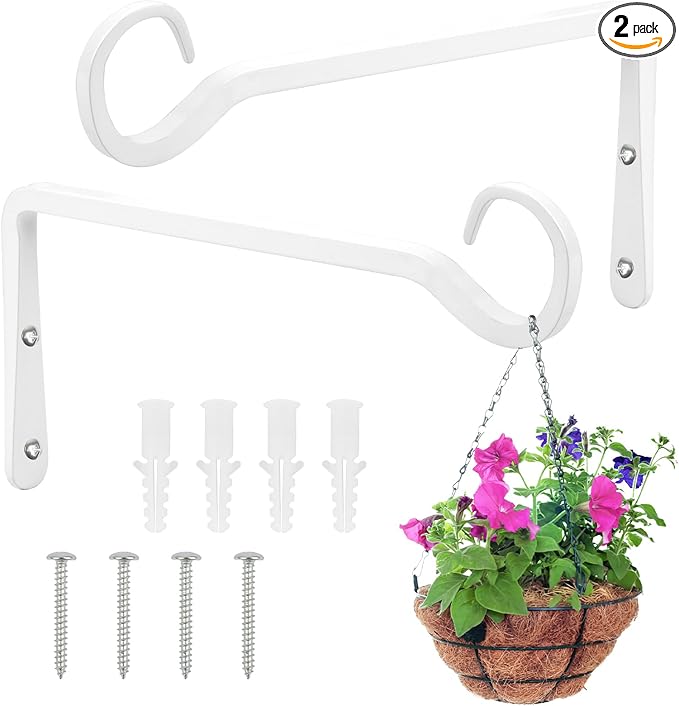 2 Pack Plant Hanger Bracket, 8 Inch Plant Hangers Outdoor, Metal Decorative Plant Wall Hooks for Hanging Plants, Bird Feeder, Flower Basket, Wind Chimes, Lantern, Indoor Outdoor (White)