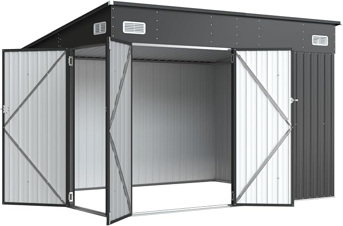 Aoxun 9.4'x7.3' Triple Door Shed Outdoor Storage Shed with Three Lockable Door for Easily Accessing Metal Storage Shed with Slopping Roof for Tools Bicycles Storage in Garden, Backyards (Black)