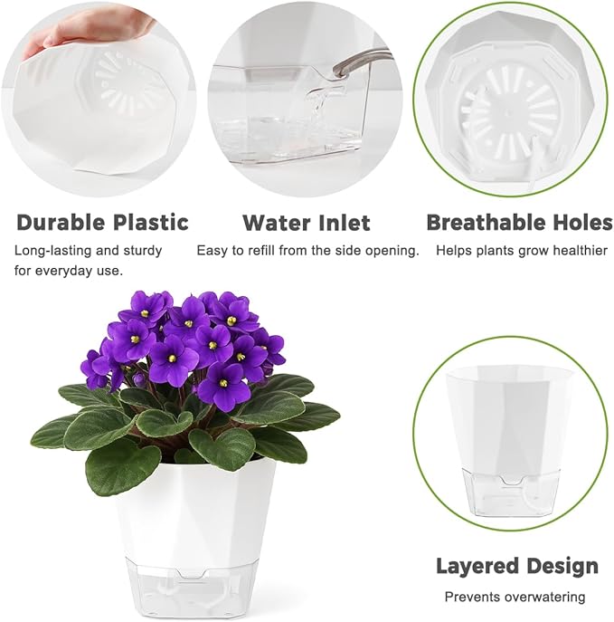5 Pack Self Watering Pots for Indoor Plants, 5/6.7/8.4 Inches Self Watering Planters African Violet Self Watering Clear Pots for Plants Herb Orchid Flower Houseplant Pots, White