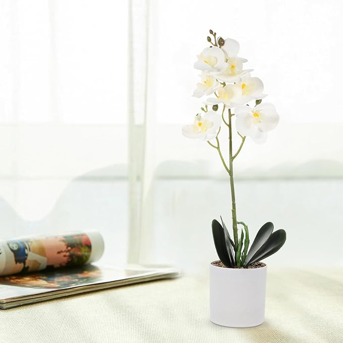 Housoutil Artificial Phalaenopsis Orchid Plant with 8 White Flowers, Realistic Faux Potted Flower Decor for Indoor Home Decoration, Simulation Orchid Bonsai for Living Room and Office