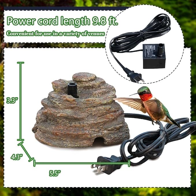 Bird Bath Water Fountain Resin Rock Fountain with 9.8ft Cord Length Water Pump Rock Waterfall for Hummingbird Birdbath Outdoor Decor for Garden Lawn Fish Tank and Aquariums (Brown)