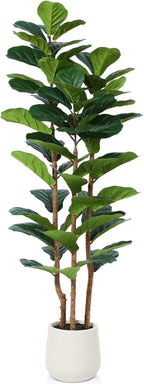 Artificial Fiddle Leaf Fig Tree with White Planter,5ft Tall Fake Tree with Natural Wood Trunk for Home Decor, Faux Ficus Tree Fake Moss for Indoor Office Living Room