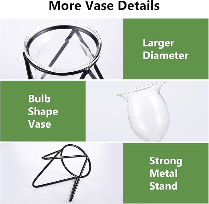 Jspupifip 3 Pcs Glass Plant Terrarium with Metal Stand, Air Plants Holders Hydroponic Plant Vases Desktop Bulb Glass Vase for Indoor Plants Home Garden Office Decoration, Black