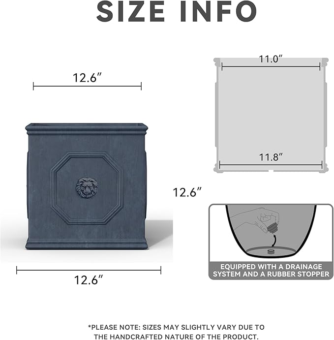 Kante Square Lion Head Concrete Planter, Classic English Style Plant Pot with Drainage Hole and Rubber Plug for Indoor Outdoor Garden Patio Home, 12.6"x12.6"x12.6" Antique Gray
