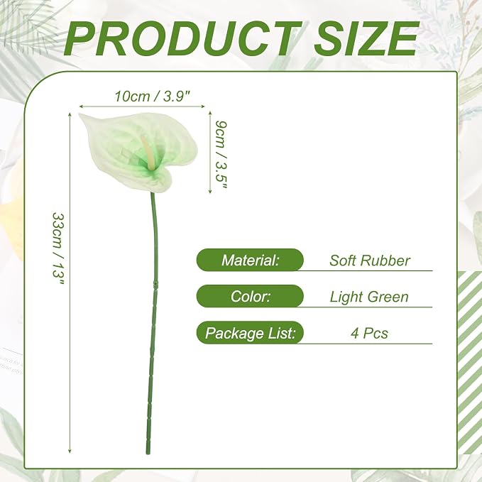 uxcell 4Pcs 11inch Artificial Anthurium Lily Flowers, Permanent Flower Bouquet for Home Arrangements Wedding Festival Decoration Crafts Store Decor Accessories, Light Green