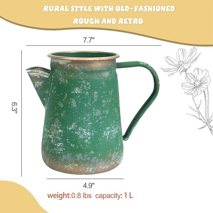 Vintage Pitcher Vase Rustic Farmhouse Vase for Flowers Vintage Metal Milk Jug Small Decorative Pitcher Shabby Chic Decor for Home, Kitchen, Bathroom, Green
