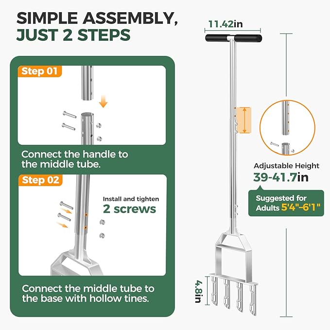 Suntee Lawn Aerator Tool, All Stainless Steel Manual Core Aerator Lawn Tool with 4 Hollow Tines, Adjustable Height Semi-Assembled Heavy Duty Steel Grass Aeration for Lawn Care, Silver