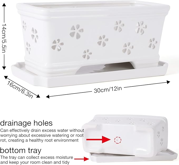 Rectangle Ceramic Orchid Pot with Holes and Saucer 12Inch Ceramic Large Pot Basin for Refilling Indoor and Outdoor Use Air Circulation Orchid Planter for Repotting Planter White