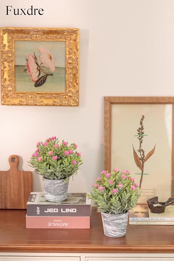 2 Pack Small Desk Plants, Artificial Bathroom Plants Decor with Flower in Vintage Melamine Pots, Faux Plants Indoor for Shelf Decor in Home Office, and Spring Decor (Fuchsia)