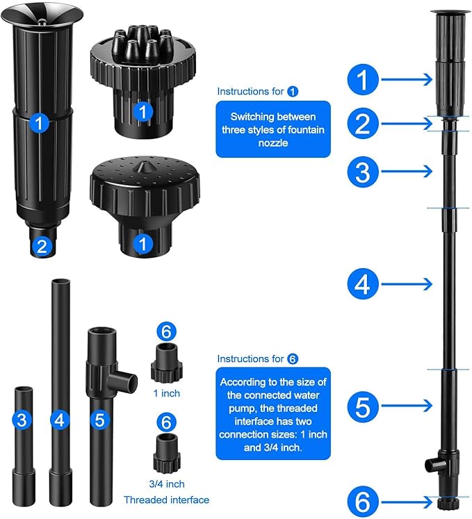 Fountain Pump Nozzle kit 8PC Mushroom Spray Head Kit for Pond Pumps - Water Fountain Nozzle Set Submersible, Black
