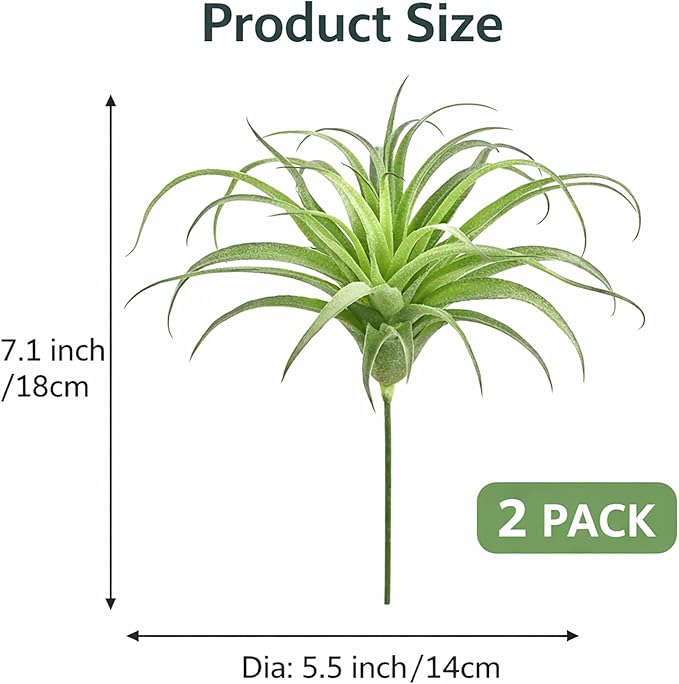 2 Pack Artificial Air Plants, Realistic Looking Faux Tillandsia Succulents for Home Decor, Indoor Outdoor Garden, Terrarium, Office Desk, Wedding Displays (Flocking)