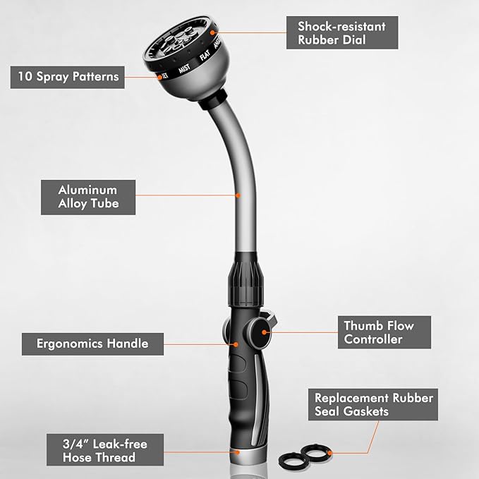 RESTMO Watering Wand Heavy Duty, Metal Garden Hose Wand with Thumb Flow Control, 15-Inch Long Hose Nozzle Sprayer with 10 Spray Patterns, Ideal to Water Hanging Baskets and Shrubs, Silver