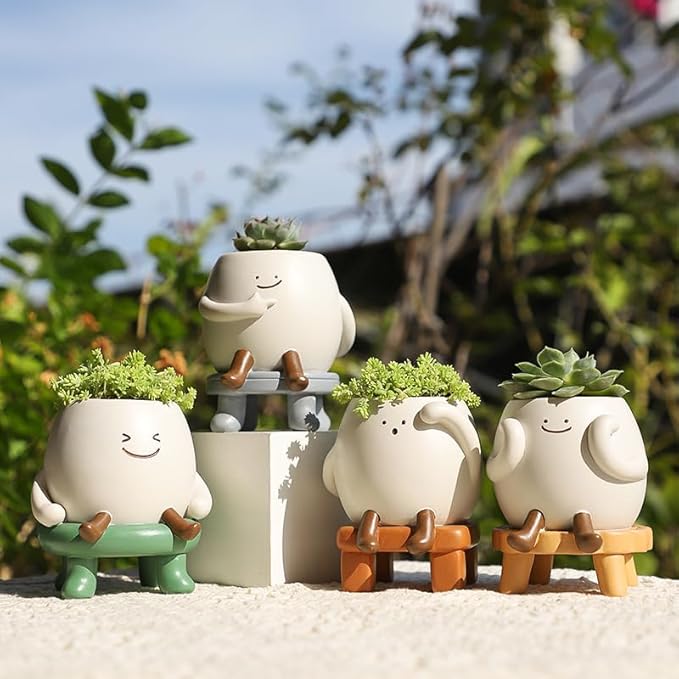EOBTAIN Cute Smily Face Planter Pot Head Unique Sit Bench Succulent Pots Flower Cactus Pots with Drainage Holes Resin Planters Decorative Pots for Plants Indoor Garden,Gifts for Plant Lovers