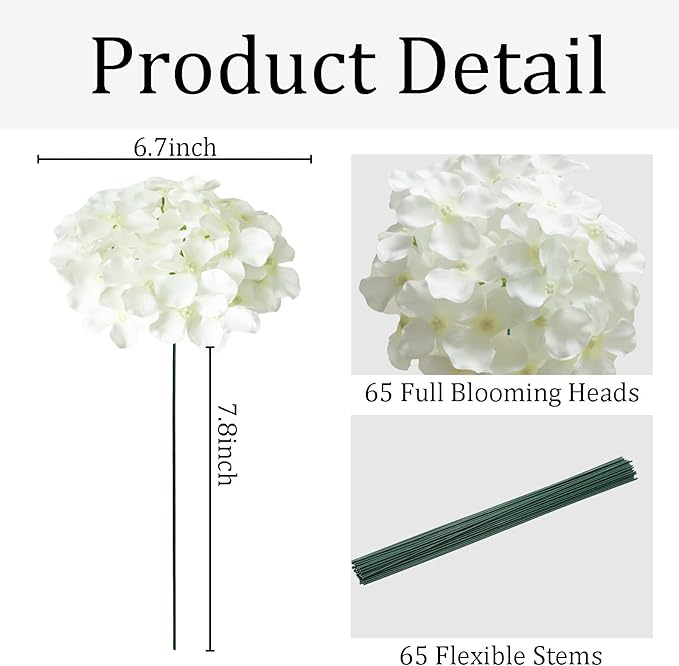 65Pcs White Hydrangea Artificial Flowers Bulk，Realistic Silk Fake Flowers with Stems，Faux Hydrangea Flowers for Wedding Home Decor Centerpieces Living Room Garden Party Baby Shower Decoration