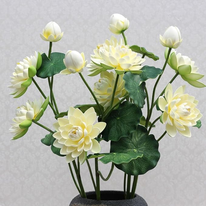 2Pcs Artificial Lotus Flower Decor, 12.5inch 7 Head Water Lilies, Outdoor Pond Plants, Silk Artificial Flower Lotus, Household Living Room and Dining Table Decoration (White)
