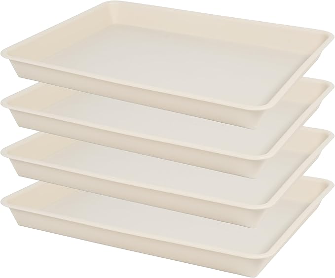 VUWEZ 4 Pack Plant Saucer Tray Rectangular, Plant Saucers for Indoors, Heavy Sturdy Plastic Plant Drainage Trays, Plant Drip Trays for Pots, Seed Starter Growing Tray (11 x 9 inch, Beige)