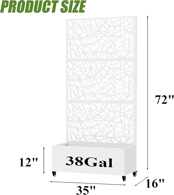 Casaphoria Metal Raised Garden Bed with Trellis and Wheels, 72"x35"x16" Planter Box for Climbing Plants, Vegetables & Vines, Features Drainage Holes and Privacy Screen, White-Net