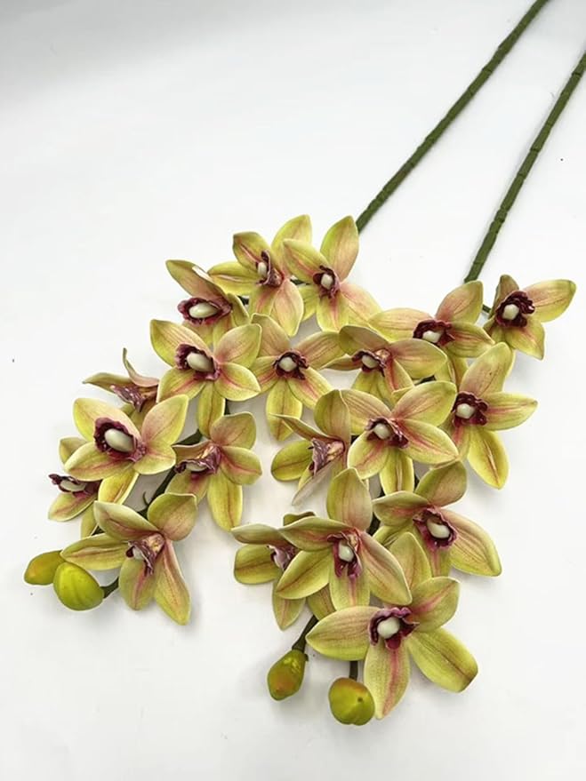4pcs Artificial Cymbidium Orchid Flower Plant 3D Print Vanda 10 Heads Latex Phalaenopsis Flower (Green Yellow)