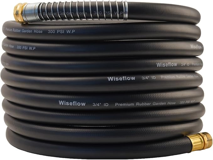 WiseFlow Garden Hose 25FT x 3/4", Heavy Duty Rubber Hose, Water Hose with Five Layered Braiding, Male Female Fittings, 1000PSI Burst, 300PSI Working (Black)