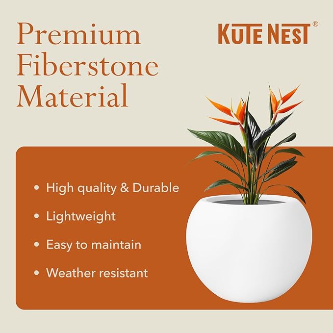 9.7" H x 12" D Premium Globo Fiberstone Round Planter with Drainage Hole, Smooth Finishes, Weather Resistant for Indoor and Outdoor Use, Included 2 Extra Coco Mats (White, 7.8" Pot Opening)