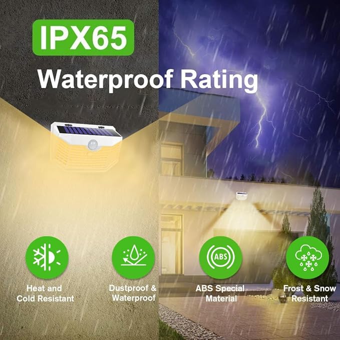 HMCITY 120 LED Solar Lights Outdoor with Motion Sensor and 3 Lighting Modes, IP65 Waterproof Wide Solar Wall Lights Ideal for Garden Patio Yard (Front Button 2Packs, White Shell-Warm White)