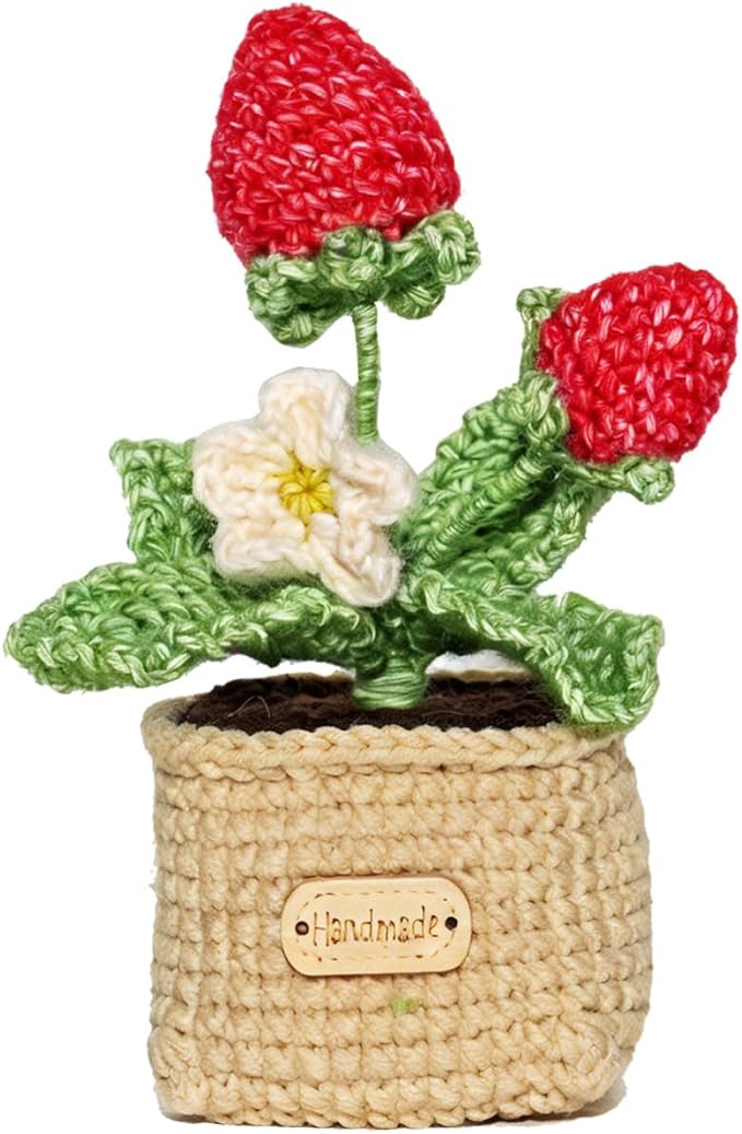 Handmade Crochet Strawberry Plant Pot, Realistic Knit Berry in Bloom, Cute Miniature Potted Strawberry, Pure Cotton Craft, Fake Fruit Home Office Desk Decor, 2.4" x 2.4" x 5.9"