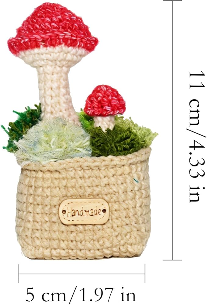 Handmade Crochet Mushroom, Cute Red Toadstool with Artificial Grass, Realistic Knitted Plant Home Decor, Miniature Fairy Garden Ornament, 2.4 x 2.4 x 4.3 Inches