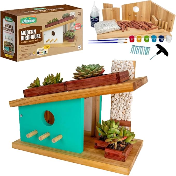 SparkJump Modern Birdhouse Woodworking Kit, Complete DIY Birdhouse for Kids & Adults, Build Your Own BirdhouseKit for Creative Woodworking Crafts