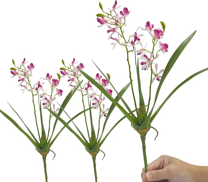 3pcs Artificial Cymbidium Orchid Flowers that Look Real, Faux Pink Orchid Stems with Roots for Vases, Cymbidium Stems for Home Office Farmhouse Indoor Tables Centerpieces Decor (Pink)