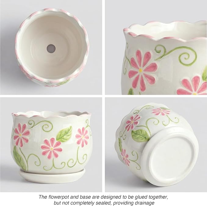 Pink Ceramic Flower Pots, 4"+5.2"+6.6" Inch Small Flower Pots for Indoor Plant with Drainage Hole,Modern Decorative Plant Pots Set of 3, Indoor Planters with Saucer