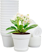 Meowell 4 inch Small Plastic Nursery Pots, 16 Pack Plant Pots for Indoor Outdoor Plants, Flower Pots with Drainage Holes and Saucers, Decorative Seedling Starter Planters for House Plants, White