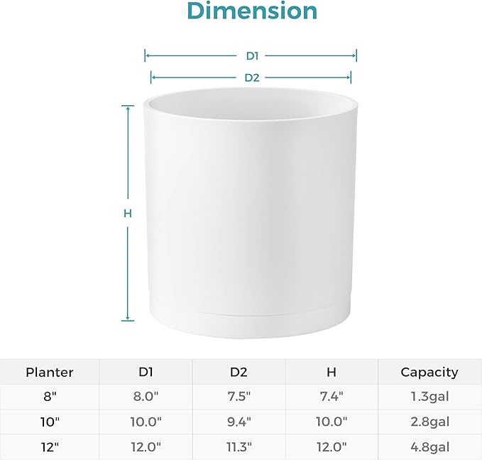 FaithLand 12-Inch Large Modern Cylinder Planter, Thick-Walled Plastic Plant Pot with Drainage Holes and Detachable Saucer, Matte White, Ideal for Indoor & Outdoor Plants Flowers