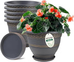 Usocik 6 Pack 8 Inch Plant Pots, Plastic Flower Pot for Indoor & Outdoor with Drainage Holes & Saucer, Plaid Pattern Planters Garden Pots for Herbs