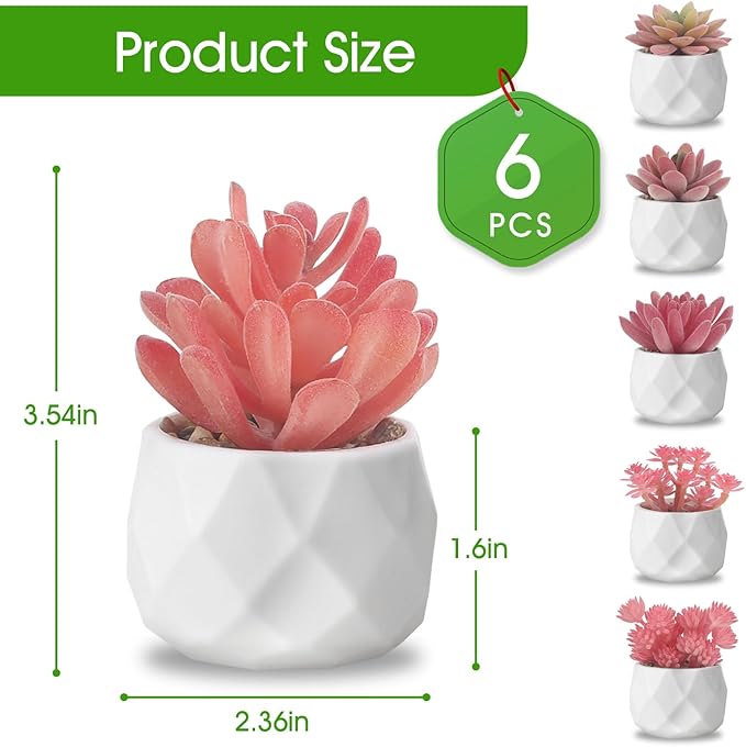 ZINHO Fake Succulent Plant Set 6 PCS Artificial Succulent Plants for Desk Realistic Faux Succulents in Plastic Pots Mini Colorful Succulent Decor for Bedroom Office Shelf Decor (Pink)