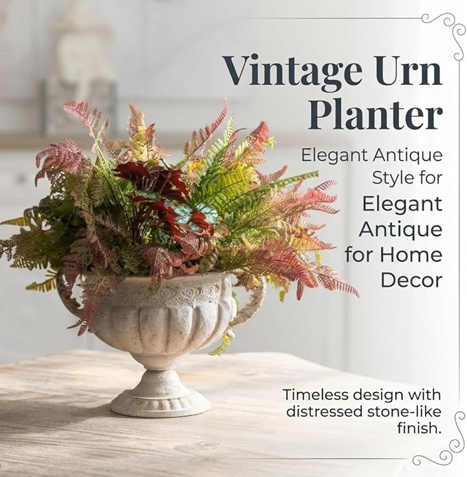 Vintage Urn Planter with Embossed Pattern, Decorative Flower Pot, Classic Round Plant Pot, European Shabby Chic Centerpiece for Mantel, Table, Entryway or Living Room Decor（13.6 * 11.9 * 8.5 in）