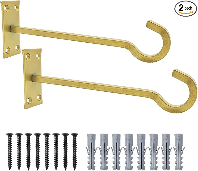 QIEGL 10inch Heavy Duty Plant Hangers Outdoor or Indoor Bird Feeder Hanger Shepherd Hooks 2pcs Gold Metal Wall Hook for Hanging Plant Bracket, Lantern, Flower Basket, Wind Chimes