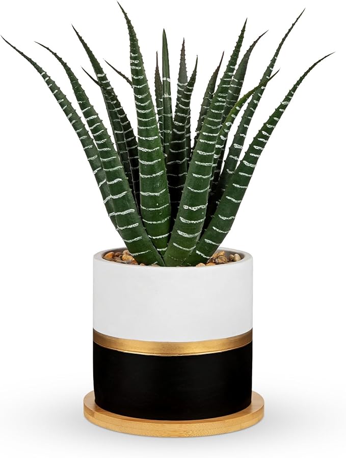 Briful Artificial Succulent Plant in Pot with Bamboo Tray, Faux Agave Potted Plant, Realistic Aloe Fake Plant for Home, Office Desk, Shelf, Modern Indoor Decoration