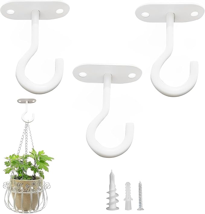 Ceiling Hooks for Hanging Plants-Metal Heavy Duty Wall Mounted Hangers for Hanging Bird Feeders, Planters, Wind Chimes, Include Professional Drywall Anchors (Pure White) 3 Pack
