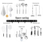 Black 5 Racks and 4 Hooks Mop and Broom Holder Wall Mount, Broom Organizer Storage Tool Racks Stainless Steel Heavy Duty Hooks Self Adhesive Solid Non-slip for Home Kitchen Garden Laundry Garage