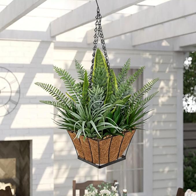 DILATATA Artificial Hanging Plants Basket, Faux Snake Plants Fern Succulent Mix with Coconut Fiber Liner, Fake Hanging Plant with Chain Hook for Indoor Outdoor Porch Patio Balcony Home Décor