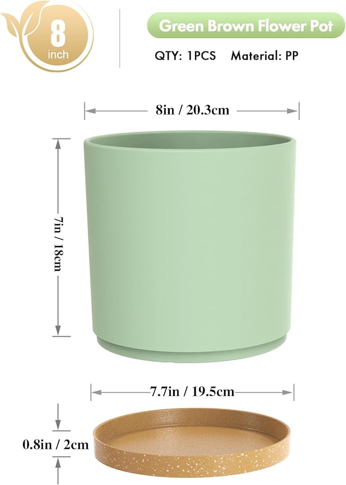 WSMKSZ 8 Inch Medium Flower Pots for Indoor Outdoor Plants, Cylinder Deep Plant Pots with Drainage Holes & Saucer, Decorative Plastic Planter Pots for Garden House Plants, Green with Brown