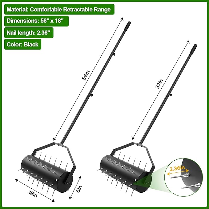 18-inch Rolling Lawn Aerator Tool, 50"-70" Handle Heavy Duty Spike Aerator with Sandbag, 40 Iron Spikes Tighten with Patience, Manual Rolling Aerator Lawn for Yard Garden