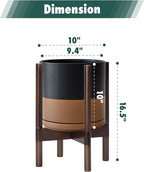 D'vine Dev Ceramic Planter with Walnut Color Stand - 10 Inch Modern Round Flower Pot with Wood Planter Holder, Black/Speckled Tan, 55-B-X-7