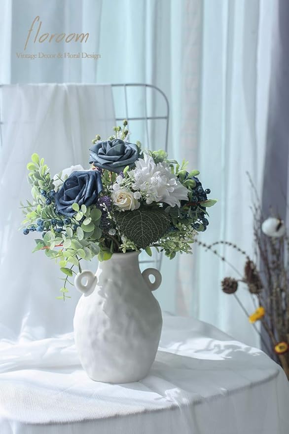 Floroom Artificial Flowers 50pcs Real Looking Dusty Blue Foam Fake Roses with Stems for DIY Wedding Bouquets Bridal Shower Centerpieces Floral Arrangements Party Tables Home Decorations