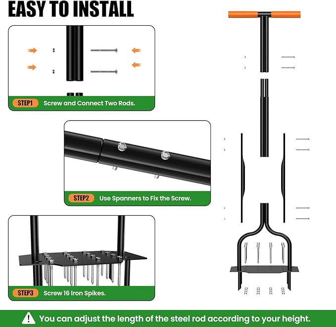 Luvenia Lawn Aerator Tool, 40 Inch Heavy Duty Manual Lawn Aerator, 16 Iron Spikes Metal & 4 Hollow Slots, Upgraded Exhaust Loosening 2-in-1,Garden Cleaning Hand Tool for Yard, Revives Lawn Health