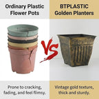 14 Inch Vintage Square Planter - 4 Pack Heavy Duty Antique Gold Plastic Flower Pot with Drainage & Raised Base, Retro Distressed Style Plant Container for Outdoor Patio, Porch, Indoor (7 Gallon)