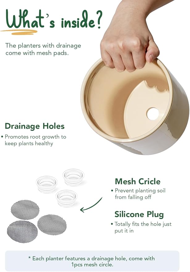 LE TAUCI Ceramic Pots for Plants, 10/8/6 Inch Indoor Planters with Draiange Hole, Silicone Plug & Mesh Pad, Modern Minimalist Pots for Home Office, Set of 3, Glossy, Sand Beige